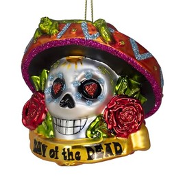 Kurt Adler Glass Day of The Dead Skull with Gecko Ornament