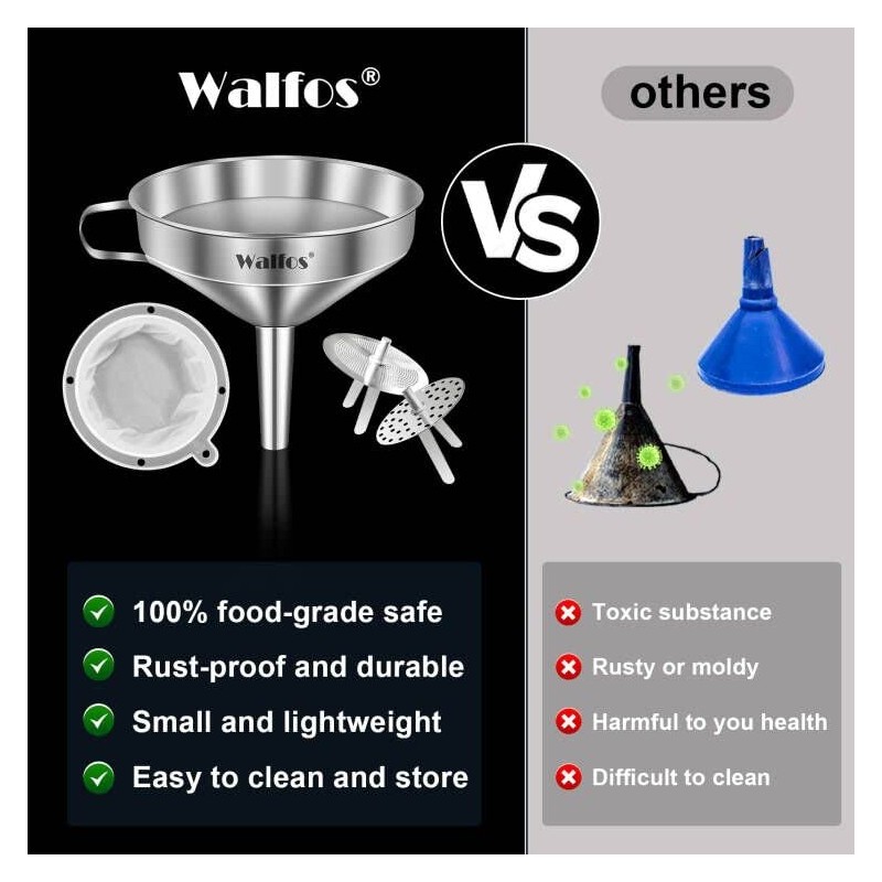 WALFOS Multi-use Stainless Steel Kitchen Funnel with 2 Removable Strainer