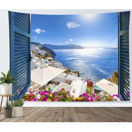 LB Island Tapestry Greek Seascape Wall Hanging Blue Ocean and Colorful Flowers Tapestries European Style Poster for Living Room Bedroom Wall Decor,92x70 inch