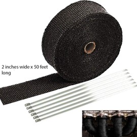 SunplusTrade 2" x 50' Black Exhaust Heat Wrap Roll for Motorcycle Fiberglass Heat Shield Tape with Stainless Ties