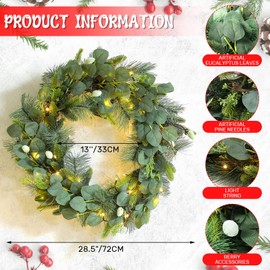FineCheer 2 Pcs 28.5 Inch Lit Faux Eucalyptus and Pine Wreath with Lights Artificial Eucalyptus Leaves Wreath Spring Green Eucalyptus Wreath for Front Door Christmas Window Mantle Wedding Home Decor