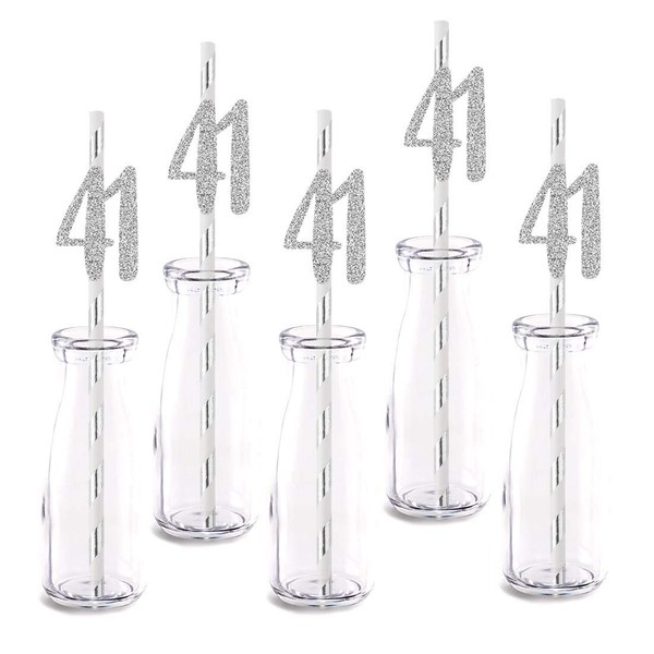 Silver Happy 41st Birthday Straw Decor, Silver Glitter 24pcs Cut-Out Number 41 Party Drinking Decorative Straws, Supplies
