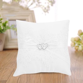 Pwshymi 1PCS Wedding Bearer Pillow Cushion with Embroider Flower Lace Satin, Flower Basket with Bow for Wedding,Ring Pillow Cushion for Jewelry Case