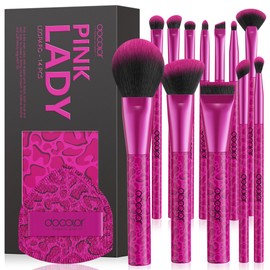 docolor Makeup Brushes 12PCS Pink Leopard Makeup Brush Set Premium Synthetic Foundation Powder Concealers Eyeshadow Blush Make Up Brushes with 1PC Large Powder Puffs