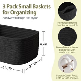 MEGASKET Small Shelf Storage Baskets for Organizing, 3 Pack Mini Woven Storage Bins for Dog Toy, Book, Decorative Cotton Rope Nursery Closet Organizer, Gift Baskets Empty, 11.8"x7.9"x4.7", Black
