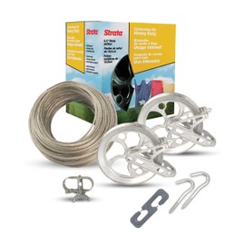 Strata Clothesline Outdoor Heavy Duty Kit - 150 Feet Galvanized Wire Gold PVC Coating, 6.5" Clothes line Pulley 2pcs, Metal Mini Winch Tightener 1pc, Plastic Spreader/Spacer 1pc & 2 Metal Hooks