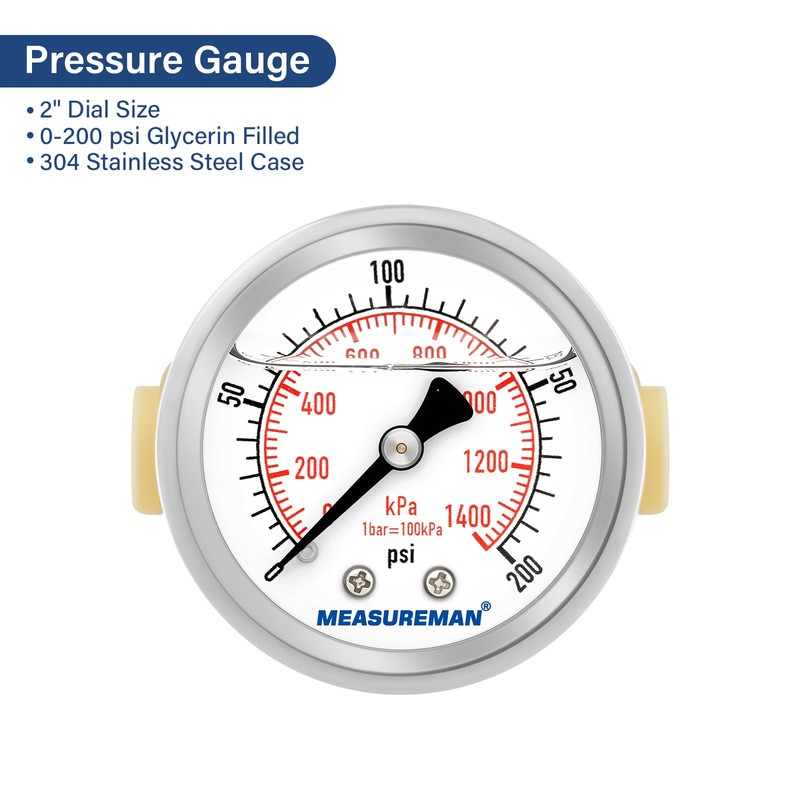 MEASUREMAN Push to Connect Pressure Gauge 0-200Psi Stainless Steel Vibration