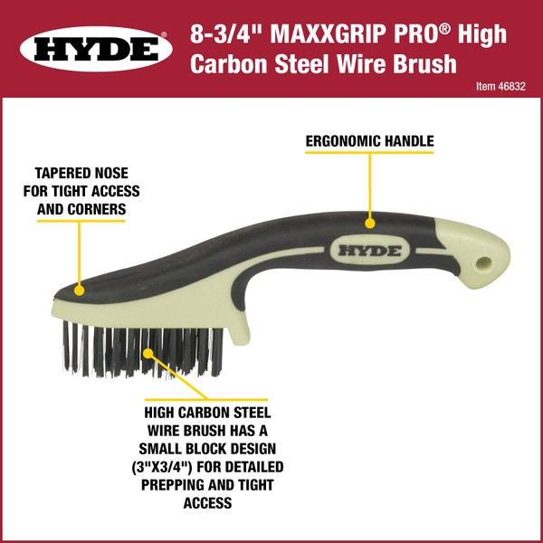 Hyde - 46833 HYDE 46832 High-Carbon Steel Wire Detail Brush, 8-3/4-inch with Tapered Nose, MAXXGRIP PRO