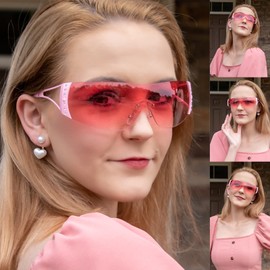 DQbhzh Y2K Glasses 2000s Sunglasses Cool Glasses Rimless Y2K Sunglasses for Women Men Trendy Shield Wrap Around Sunglasses, Pink Frame - Pink Lens, 77mm