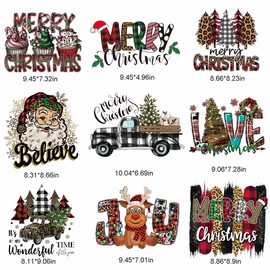 9 Sheets Christmas Iron on Transfers for T-Shirt Christmas Iron on Patches Heat Transfer Design Vinyl Stickers Decals Santa Claus Elk Appliques for Clothing T-Shirts Jackets Hoodies Pillow Covers