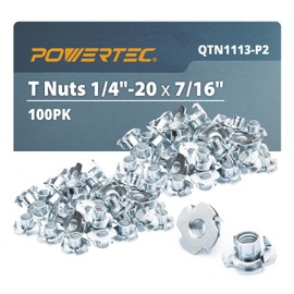 POWERTEC 1/4-20 T Nuts 100 Pcs | 4 Pronged Tee Nuts for Bolts and Stem Caster Wheels, Threaded Inserts for Wood Working, Rock Climbing Holds and Furniture For Use with Hammer | 7/16"length(QTN1113-P2)