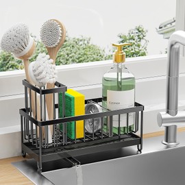 Sponge Holder for Kitchen Sink with High Brush Holder, Sink Organizer Countertop Rustproof 304 Stainless Steel, Soap Dispenser Organizers and Storage Essentials