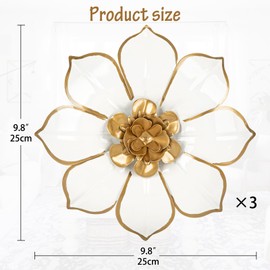 Metal Flowers Wall Decor White and Gold Wall Art Decorations Hanging 3 Pc Rustic Modern Floral Sculpture Wall Accent Artwork Indoor Outdoor for Bathroom Kitchen Bedroom Living Room Patio Porch 10 Inch