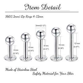 Besyvvin 10pcs Lip Bars Labret Studs 4/6/8/10/12mm Stainless Steel Silver Black Monroe Medusa Helix Tragus Piercing
