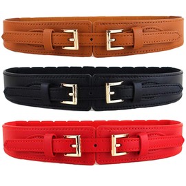 Women's Double Buckle Faux Leather Elastic Corset Waist Belt for Dress, Red, Large