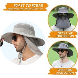 H HOME-MART UPF50+ Sun Hat Wide Brim Fishing Hat with Removable Neck Flap & Face Cover for Men & Women, UV Sun Protection Sun Hat for Outdoor (AU, Alpha, One Size, Standard, Black)