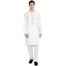 SKAVIJ Men's Pure Cotton Thread Work Kurta Pajama Set Woven Design Festive Party Dress (KP077white_White_S)