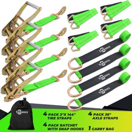 Trekassy 2”x 144” Car Tie Down Straps for Trailers with Snap Hooks, 10,000lbs Break Strength, (4) Car Hauler Straps with Ratchets, (4) Axle Straps- Used for Car, Truck, UTV Transport