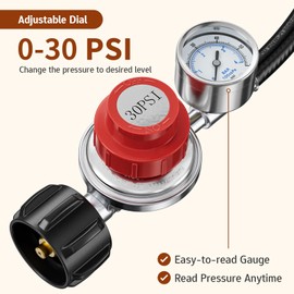 Rushare 0-30 PSI Adjustable Propane Regulator with Gauge, 5 FT High Pressure Propane Regulator, for Gas Burners, Turkey Fryers, Heaters, Fire Pits, Comes with A 3/8" M Flare x 1/8" M NPT Adapter
