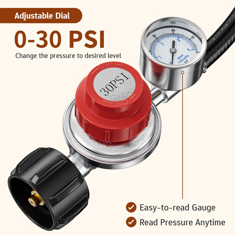 0-30 PSI Adjustable Propane Regulator with Gauge, 5 FT