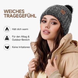 OZERO Women's Winter Hat Knitted Hat: Bobble Hat Thermal Fleece Lined Beanie Hat Wool Hats with Faux Fur Bobble Hat Winter Cap, black