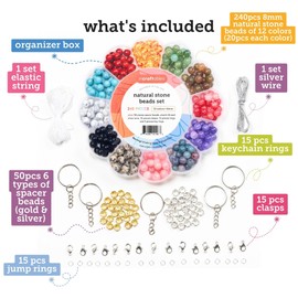Incraftables Natural Stone Beads 12 Colors 240pcs Set for DIY Jewelry, Necklace & Bracelet Making. Assorted Real Crystal Chakra Bead Kit with Spacer Beads, Elastic String & Organizer for Adults & Kids