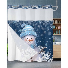 Blue Christmas No Hook Shower Curtain with Snap in Liner for Bathroom, Xmas Snowman with Cap Shower Curtains, Waterproof Fabric Winter White Snowflake Shower Curtain with See Through Top Window,72x78
