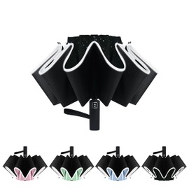 ALFROTEY Automatic Open Large Compact Reverse Umbrella for Rain and UV Protection Inverted Folding Umbrellas with Reflective Safe Stripe Portable for Men and Women (Black, L)