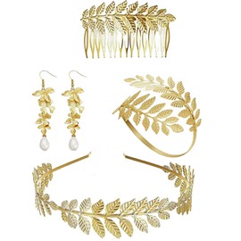 Priaora Greek Goddess Costume Goddess Costume Accessories Set Greek Leaf Headband Roman Laurel Bracelet Armband Leaf Pearl Drop Earrings Laurel Leaf Comb for Vintage Party, Bridal Wedding (K223-4)