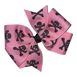 Skulls Pinwheel Hair Bow 4" Pink & Black