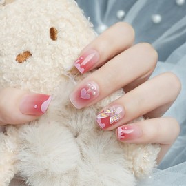 Press on Nails Square Short Length Acrylic Glossy Full Cover Square Pink False Nails with Butterfly Heart Designs Artificial Extra Short Fake Nails Glue Stick ons Fingernails for Women Girls