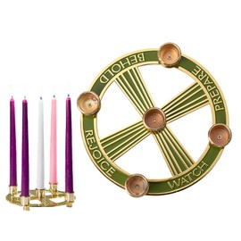 Gold Plated Advent Wreath with Green Enamel Detail – Christmas Candle Holder Centerpiece (Includes 5 Advent Candle Set)