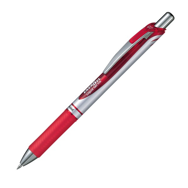 Pentel Energel Knock Ballpoint Pen, 0.7mm Triangle Tip, Siver Body with Red Accent (BL77-B)