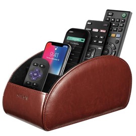SITHON - Soporte para mando a distancia con 5 compartimentos - [Versión actualizada] de piel sintética organizador de computadora para almacenar TV, controladores de calefactores, Marrón