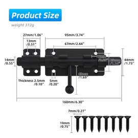 Barrel Bolt Latch, 6.3" Heavy Duty Gate Latch Slide Lock Solid 304 Stainless Steel Bolt Lock for Inside Door, Finished Shed Door Latch (1 Pack, Black)