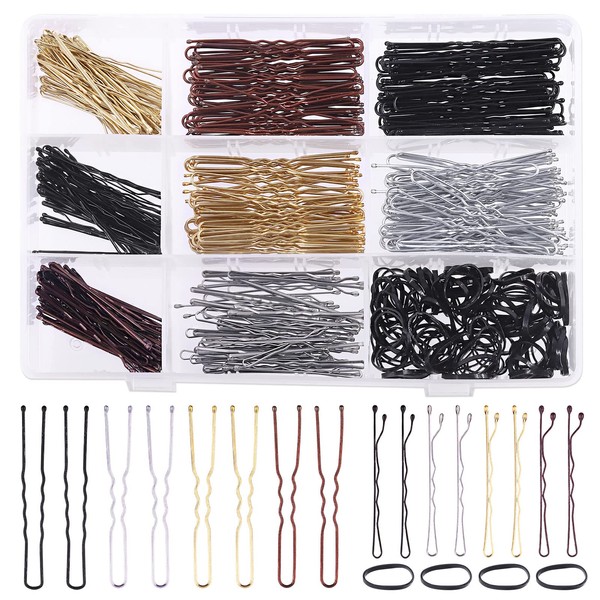 Rustark 420Pcs 2 Styles Hair Pins Kit with Storage Box, Includes Black Bronze Gold Silver Bobby Pins Buns U Shaped Hair Pins and Rubber Hair Bands for Women Girls Kids for All Hair Types