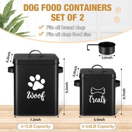 Teenyyou 2 Pcs Metal Dog Treat Containers with Airtight Lids and Spoon 7+3 Lbs Dog Food Snack Jars with DIY Labels Big Pet Cookie Storage Jar for Kitchen Counter(Black)