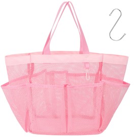 F-color Mesh Shower Caddy Portable, Upgrade Deeper 7 Pockets Shower Bag Basket Tote for College Dorm Room Toiletry Bathroom Essentials Gym Camp Quick Dry 2 handles with S Hook, Pink