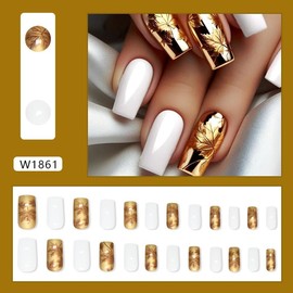 24Pcs Press on Nails Medium Coffin French Tip with White Gold Leaf Design Acrylic Nails Fake Nails Thick Glossy Full Cover Glue on Nails Stick on Nails for Women W1861