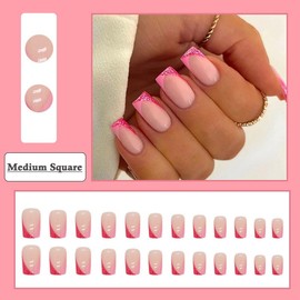 BAOYAALIN French Pink Press on Nails Medium Square Fashion Fake Nails with Glitter Design Full Cover Press ons Artificial Acrylic False Stick on Nail for Women Girls Daily Wear Wedding Manicure 24Pcs