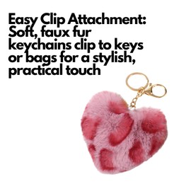 3 x Pom Pom Style Animal Leopard Print Fluffy Furry Keychains | 3 Styles Included - Classic - Grey - Pink | Soft Cute Colourful Keyring | Plush Faux Fur | Heart Shape | Can be attached to Keys or Bag