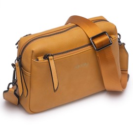 Alldaily Small Triple Zip Crossbody Purse for Women, Vegan Leather Phone Bag with Wide Shoulder Strap (Yellow)