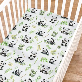 Watercolor Panda Green Leaves Fitted Baby Crib Sheet for Baby Boy Girl 52"x28" Cute Bear Animal Soft Breathable Unisex Fitted Baby Bed Sheets Fits All Standard Crib and Toddler Mattress Pads