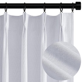Topfinel White 100% Blackout Curtains 84 Inch Long 2 Panels Set, Pinch Pleat Flax Linen Room Darkening Sound Block Drapes with Hooks Rings for Track System Bedroom Living Room