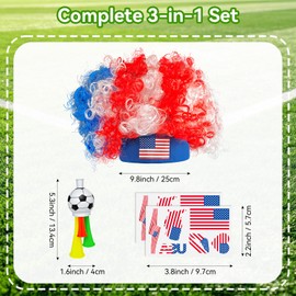 2026 Soccer Fan Gear Set, USA Flag Clown Wig, Temporary Tattoos & Loud Horn – Cheer Accessories for International Football Matches, Stadium & Global Tournament Celebrations 1