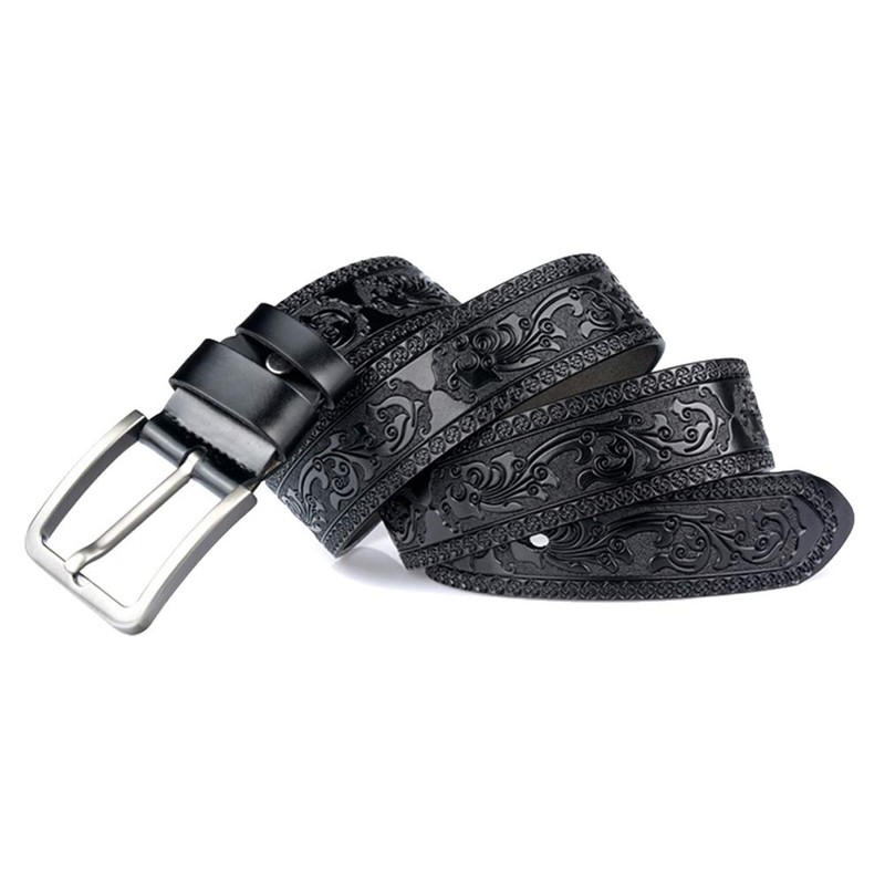 PACDE Cowboy Leather Belt with Pin Buckle Black Coffee Print
