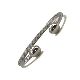Accents Kingdom Stainless Steel Cable Cuff Bangle Stainless Steel Bracelet - Silver Plated Oval Ball