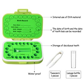 Baby Teeth Keepsake Box Teeth Saver Box Children Teeth Storage Holder Baby Teeth Organizer Kids Deciduous Teeth Box with Baby Fetal Hair Container and Tweezer for Keeping The Child Memory (Green)