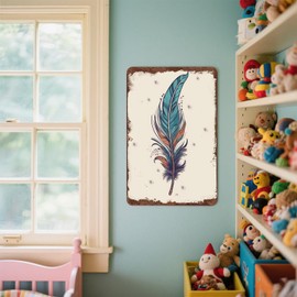 Boho Feather Metal Wall Sign – 5.5x8 Inch Vintage Aluminum Decor – Turquoise & Copper Rustic Artwork – Bohemian Wall Art for Bedroom, Living Room, Office – Gift for Women, Teens, Free Spirits
