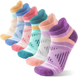 Merino Wool Ankle Hiking Running Socks Warm Thermal Winter Thick Compression Cushion No Show Moisture Wicking Gifts Stocking Stuffers Socks for Women 6 Pairs(Colored Stripes,L)